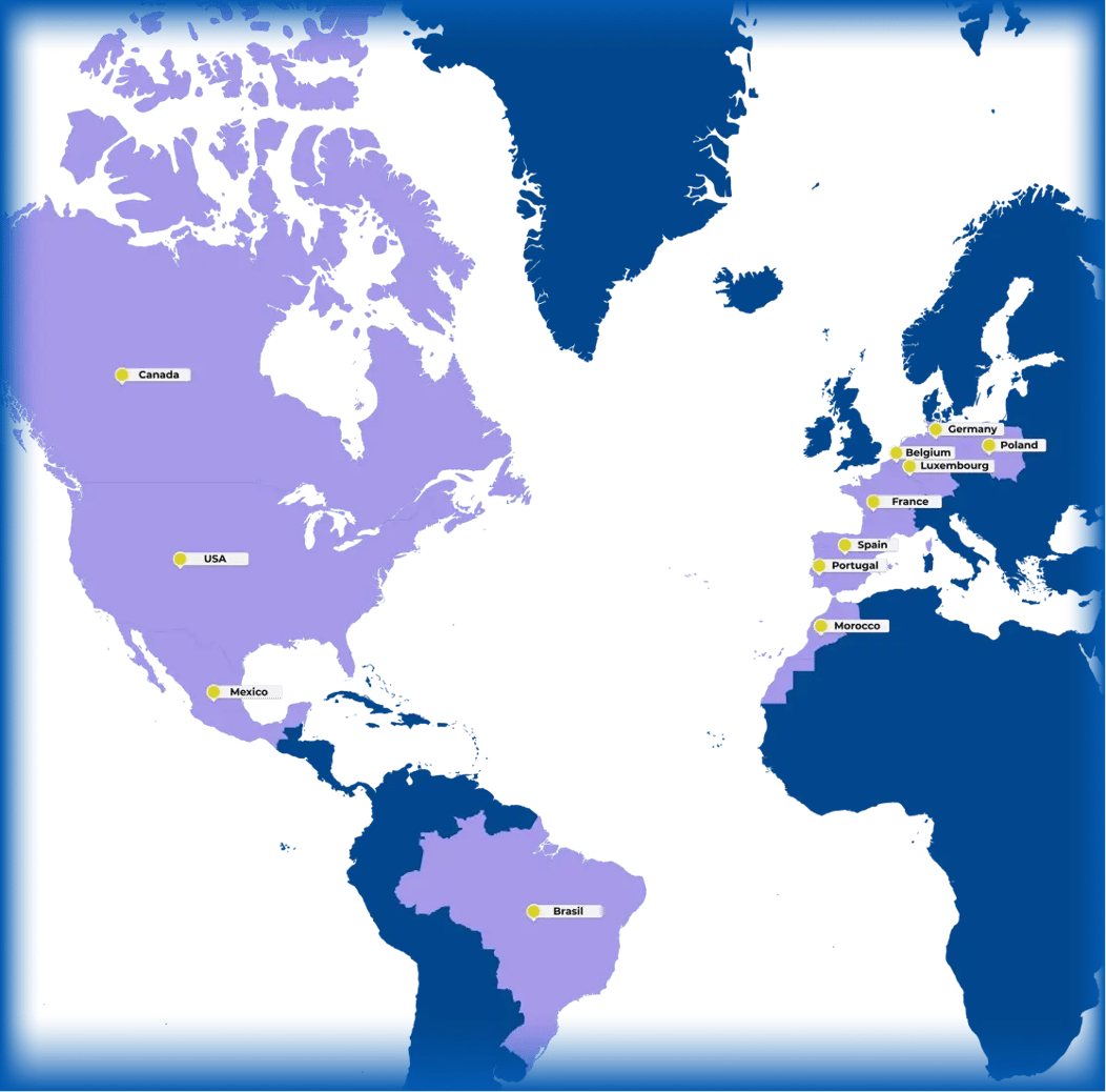 Mapa świata z zaznaczonymi krajami, w których obecna jest firma act digital