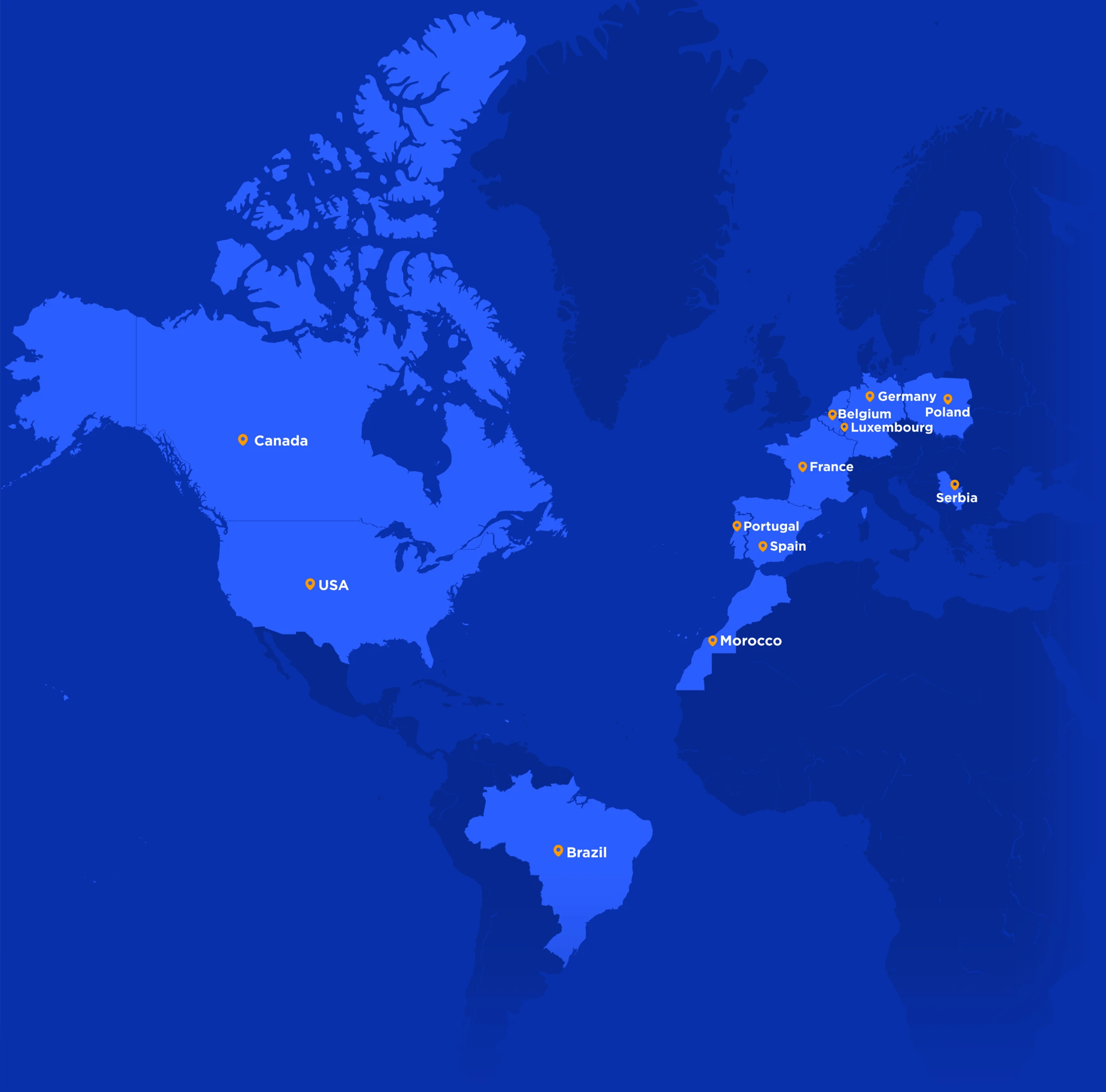 Mapa świata z zaznaczonymi krajami, w których obecna jest firma Alter Solutions