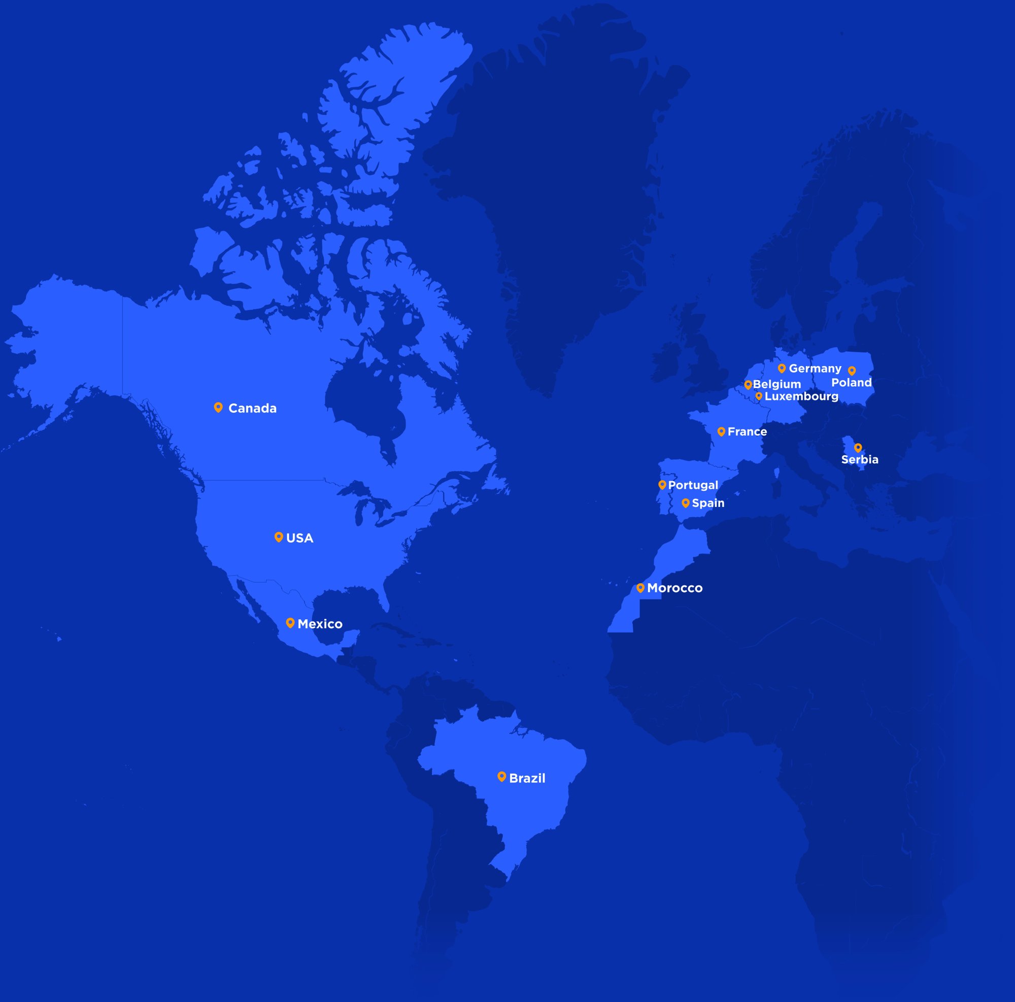 Mapa świata z zaznaczonymi krajami, w których obecna jest firma Alter Solutions